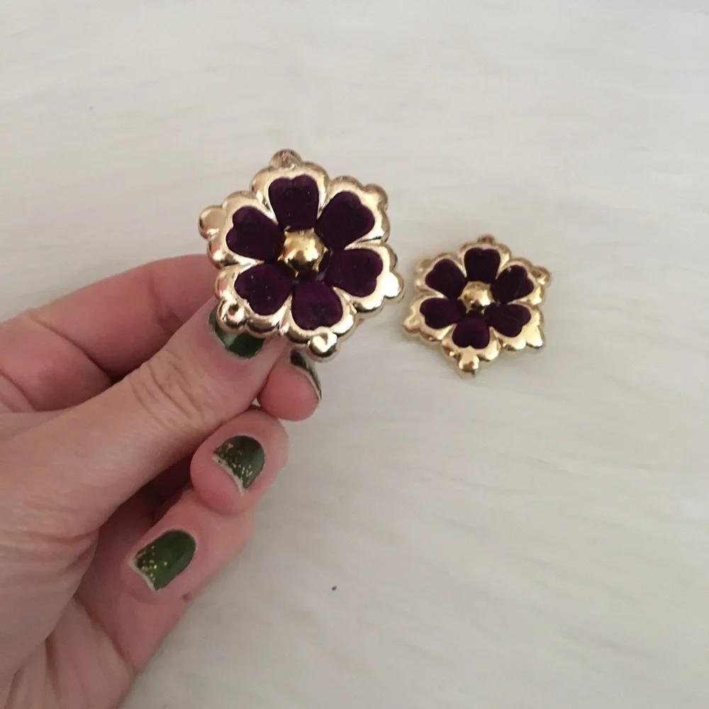 Velvet Purple and Gold Flower Clip on Earrings